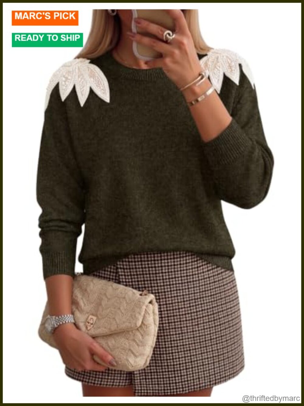 Lace Trim Pearl Beaded Shoulder Knit Pullover Sweater Long Sleeve Womens Fall